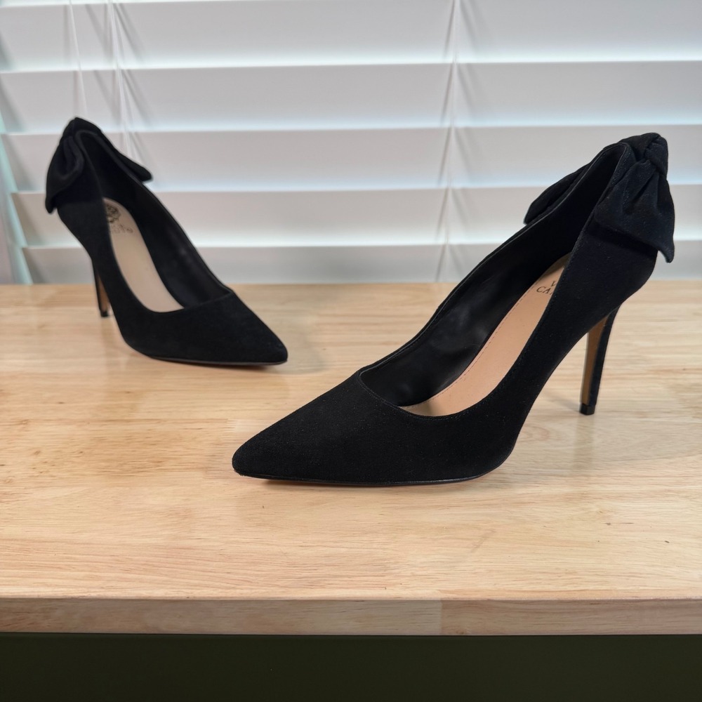 Vince Camuto Alexavia Pumps Women's Black Leather Point Toe Heel Bow Back - 7.5M
